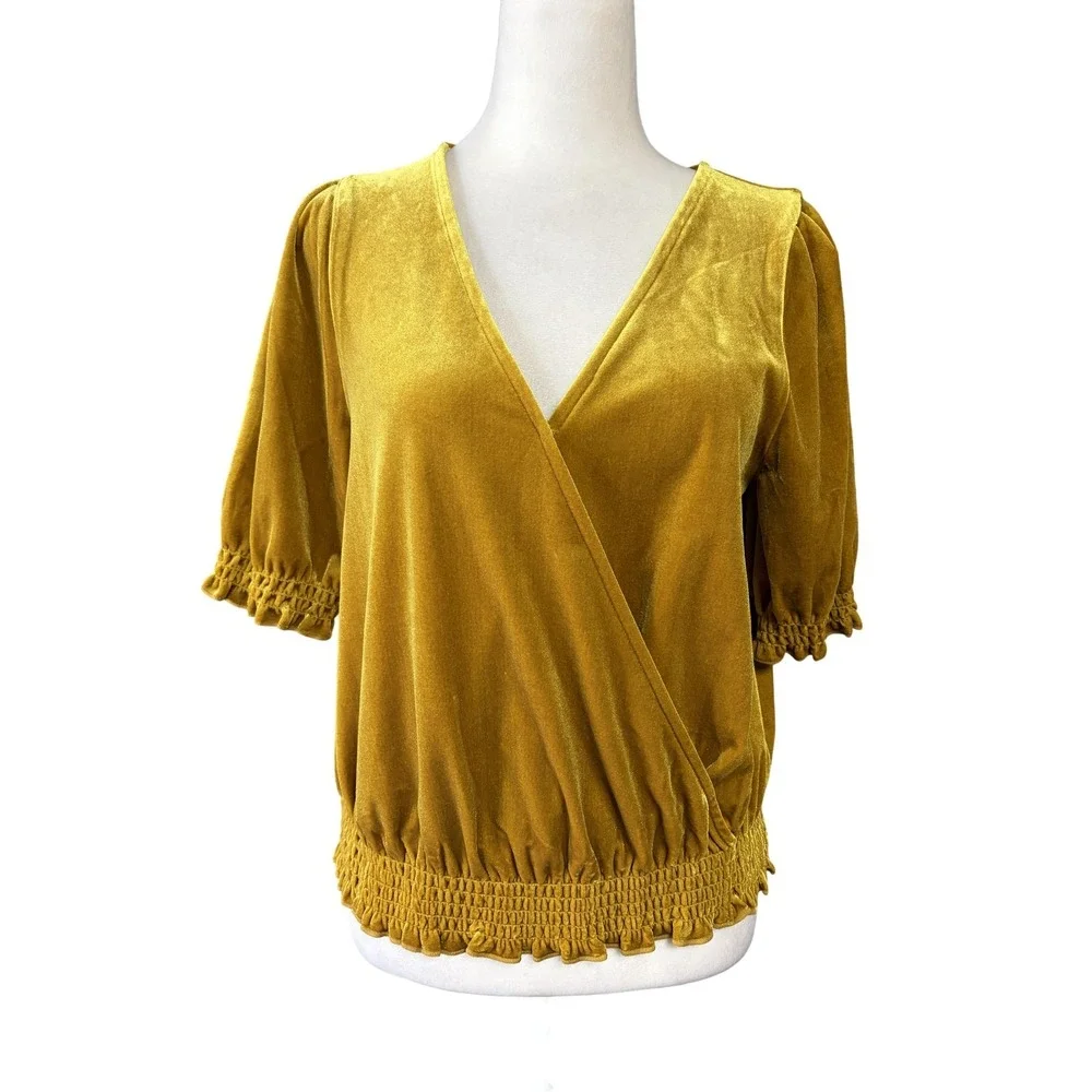 Madewell Blouse Womens Small Gold Velvet Wrap V Neck Top Puff Sleeve Smocked Hem